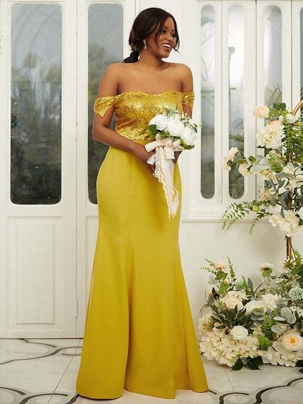 Sheath/Column Stretch Crepe Sequin Off-the-Shoulder Sleeveless Floor-Length Bridesmaid Dresses