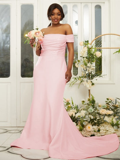 Sheath/Column Stretch Crepe Ruched Off-the-Shoulder Sleeveless Sweep/Brush Train Bridesmaid Dresses