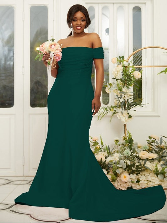 Sheath/Column Stretch Crepe Ruched Off-the-Shoulder Sleeveless Sweep/Brush Train Bridesmaid Dresses