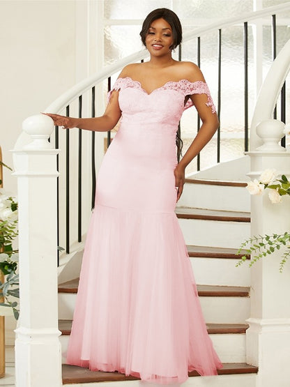 Sheath/Column Stretch Crepe Lace Off-the-Shoulder Sleeveless Floor-Length Bridesmaid Dresses