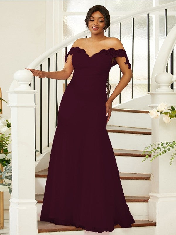 Sheath/Column Stretch Crepe Lace Off-the-Shoulder Sleeveless Floor-Length Bridesmaid Dresses