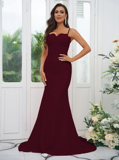 Sheath/Column Stretch Crepe Lace Spaghetti Straps Sleeveless Sweep/Brush Train Bridesmaid Dresses