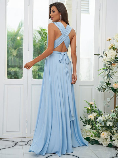 A-Line/Princess Jersey Ruffles V-neck Sleeveless Floor-Length Convertible Bridesmaid Dresses