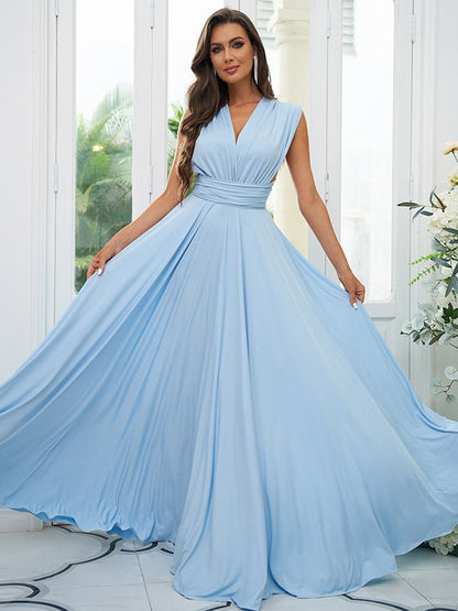 A-Line/Princess Jersey Ruffles V-neck Sleeveless Floor-Length Convertible Bridesmaid Dresses