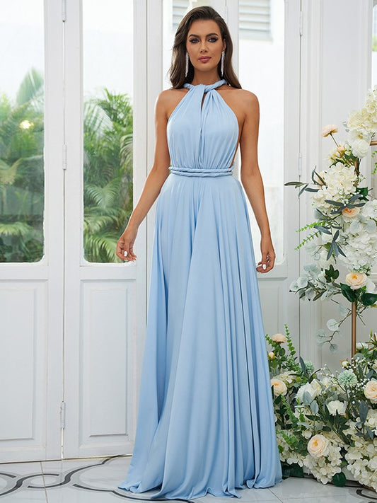 A-Line/Princess Jersey Ruffles Halter Sleeveless Floor-Length Convertible Bridesmaid Dresses