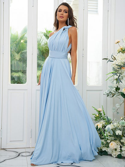 A-Line/Princess Jersey Ruffles Halter Sleeveless Floor-Length Convertible Bridesmaid Dresses