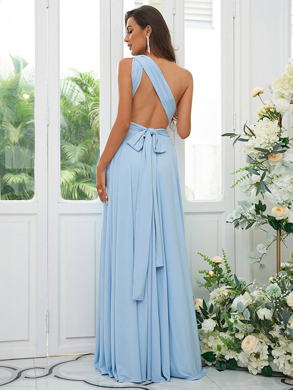 A-Line/Princess Jersey Ruffles Halter Sleeveless Floor-Length Convertible Bridesmaid Dresses