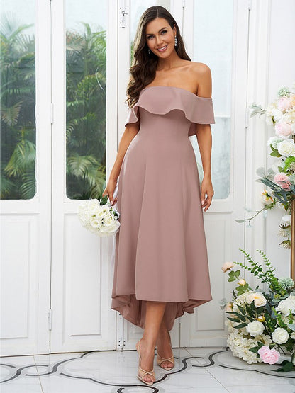 A-Line/Princess Stretch Crepe Ruffles Off-the-Shoulder Sleeveless Asymmetrical Bridesmaid Dresses