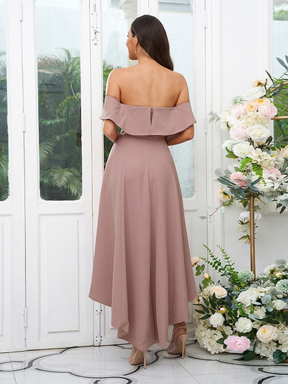 A-Line/Princess Stretch Crepe Ruffles Off-the-Shoulder Sleeveless Asymmetrical Bridesmaid Dresses