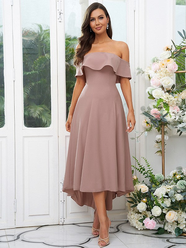 A-Line/Princess Stretch Crepe Ruffles Off-the-Shoulder Sleeveless Asymmetrical Bridesmaid Dresses