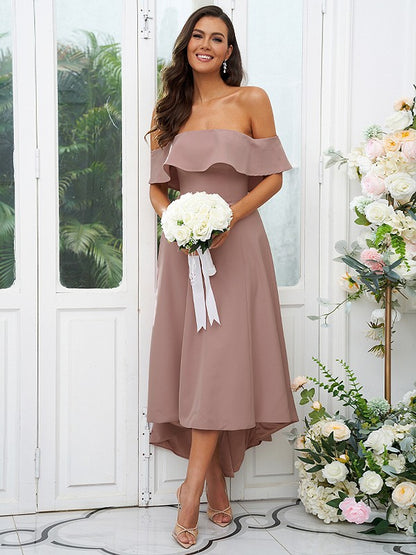 A-Line/Princess Stretch Crepe Ruffles Off-the-Shoulder Sleeveless Asymmetrical Bridesmaid Dresses