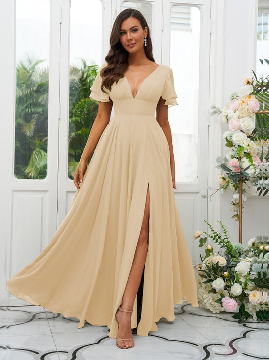 A-Line/Princess Chiffon Ruffles V-neck Short Sleeves Floor-Length Bridesmaid Dresses