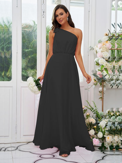 A-Line/Princess Chiffon Bowknot One-Shoulder Sleeveless Floor-Length Bridesmaid Dresses