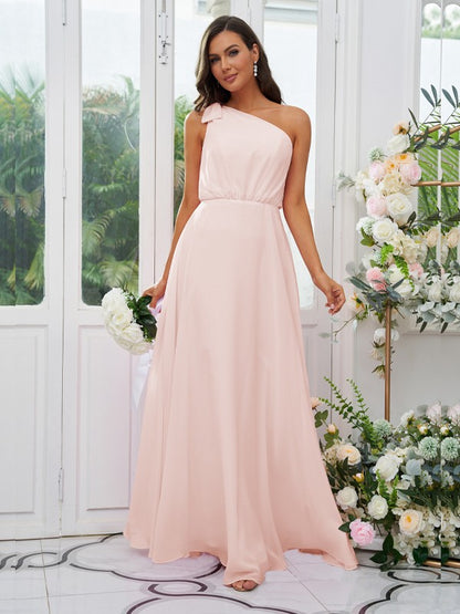 A-Line/Princess Chiffon Bowknot One-Shoulder Sleeveless Floor-Length Bridesmaid Dresses