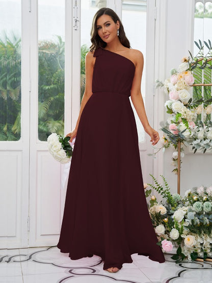 A-Line/Princess Chiffon Bowknot One-Shoulder Sleeveless Floor-Length Bridesmaid Dresses