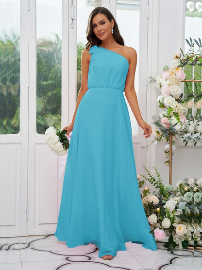 A-Line/Princess Chiffon Bowknot One-Shoulder Sleeveless Floor-Length Bridesmaid Dresses