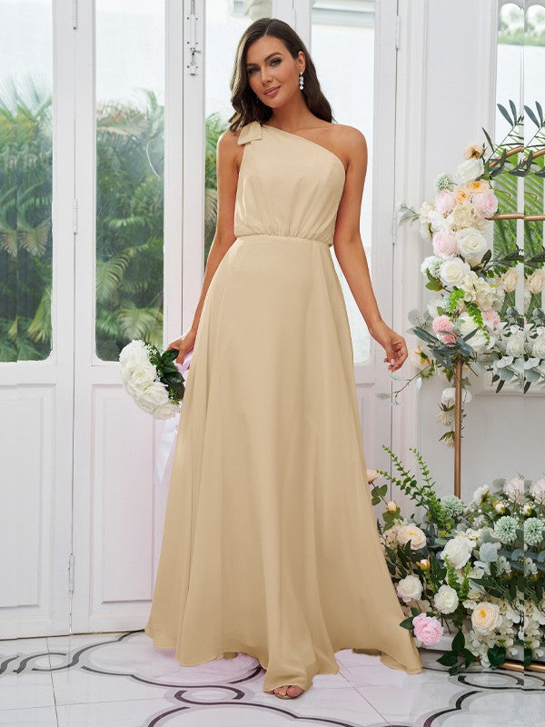 A-Line/Princess Chiffon Bowknot One-Shoulder Sleeveless Floor-Length Bridesmaid Dresses