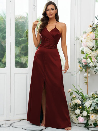 A-Line/Princess  Woven Satin Ruched V-neck Sleeveless Floor-Length Bridesmaid Dresses