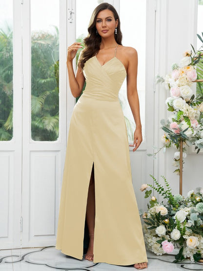 A-Line/Princess  Woven Satin Ruched V-neck Sleeveless Floor-Length Bridesmaid Dresses