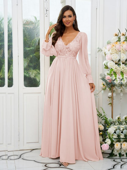 A-Line/Princess Chiffon Lace V-neck Long Sleeves Sweep/Brush Train Bridesmaid Dresses