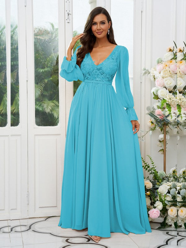 A-Line/Princess Chiffon Lace V-neck Long Sleeves Sweep/Brush Train Bridesmaid Dresses