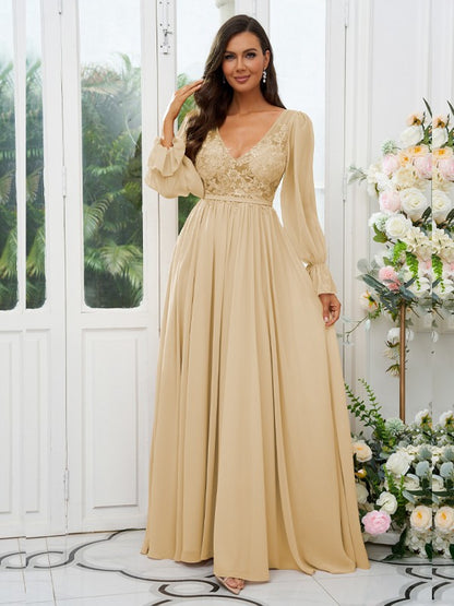 A-Line/Princess Chiffon Lace V-neck Long Sleeves Sweep/Brush Train Bridesmaid Dresses