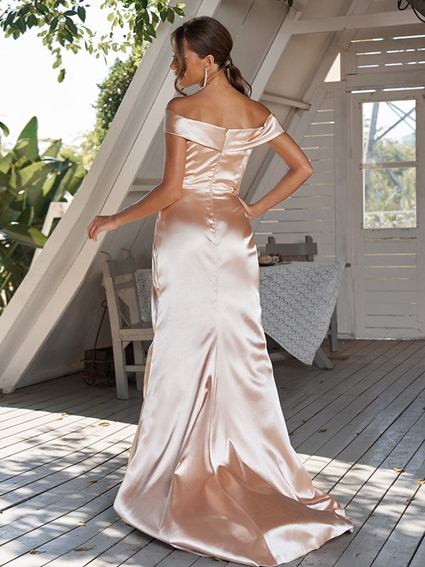 Sheath/Column Elastic Woven Satin Ruched Off-The-Shoulder Sleeveless Sweep/Brush Train Bridesmaid Dresses