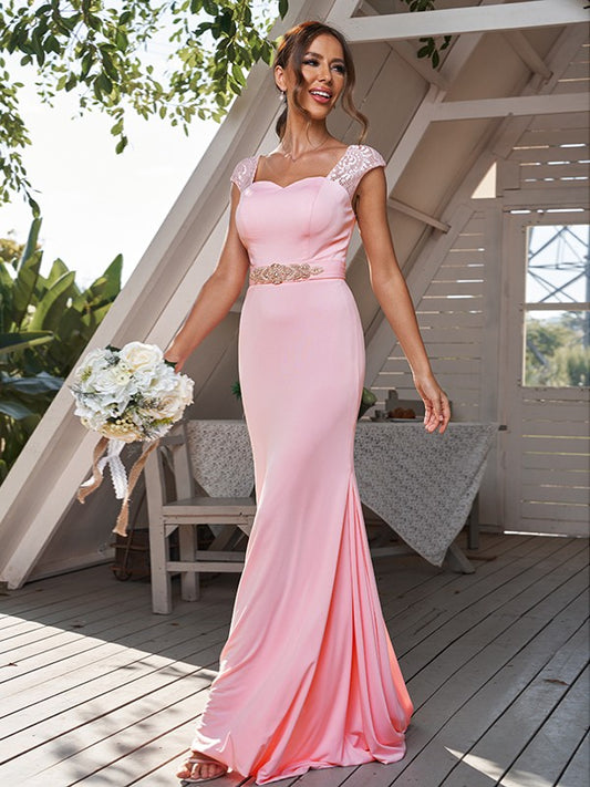 Sheath/Column Jersey Rhinestone Square Sleeveless Sweep/Brush Train Bridesmaid Dresses