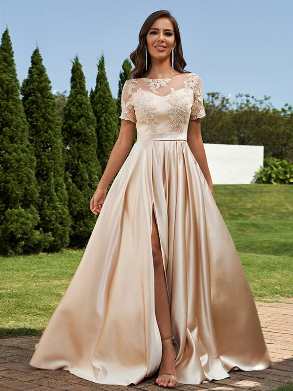 A-Line/Princess Satin Applique Scoop Short Sleeves Floor-Length Bridesmaid Dresses