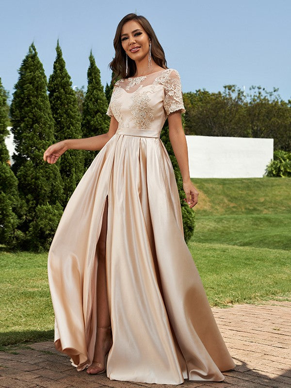 A-Line/Princess Satin Applique Scoop Short Sleeves Floor-Length Bridesmaid Dresses