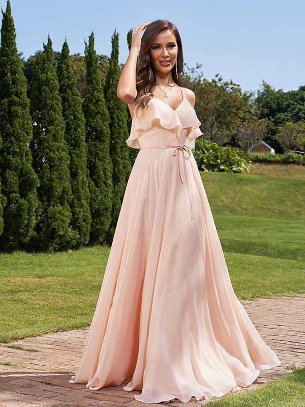 A-Line/Princess Chiffon Sash/Ribbon/Belt V-Neck Sleeveless Floor-Length Bridesmaid Dresses