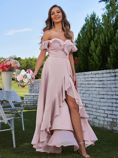 A-Line/Princess Chiffon Ruffles Off-The-Shoulder Sleeveless Asymmetrical Bridesmaid Dresses