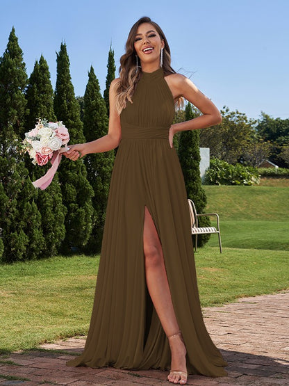 A-Line/Princess Jersey Ruched Halter Sleeveless Floor-Length Bridesmaid Dresses