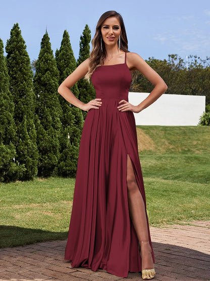 A-Line/Princess Silk Like Satin Ruffles Straps Sleeveless Floor-Length Bridesmaid Dresses