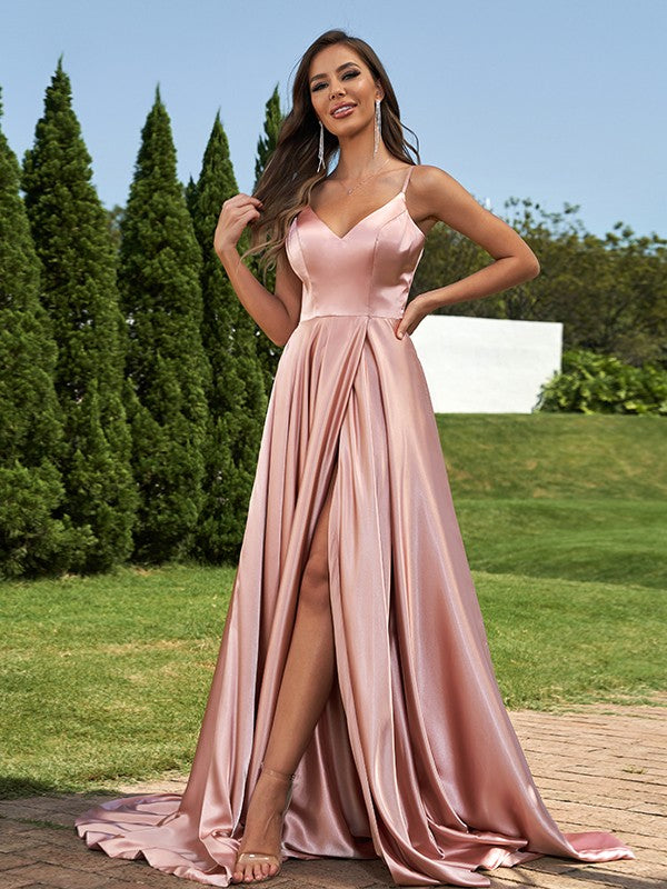 A-Line/Princess Silk like Satin Ruffles V-Neck Sleeveless Sweep/Brush Train Bridesmaid Dresses