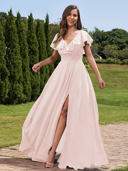 A-Line/Princess Chiffon Ruched V-Neck Short Sleeves Floor-Length Bridesmaid Dresses