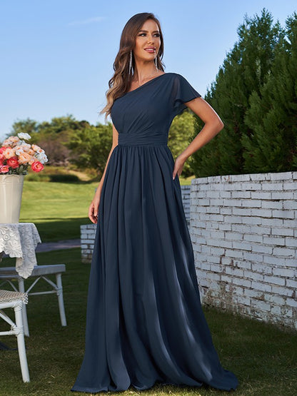 A-Line/Princess Chiffon Ruched One-Shoulder Short Sleeves Floor-Length Bridesmaid Dresses