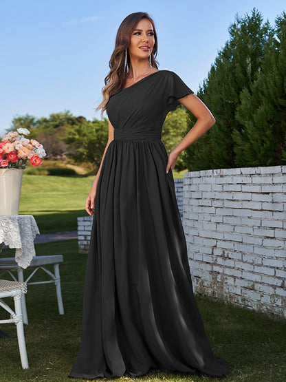 A-Line/Princess Chiffon Ruched One-Shoulder Short Sleeves Floor-Length Bridesmaid Dresses