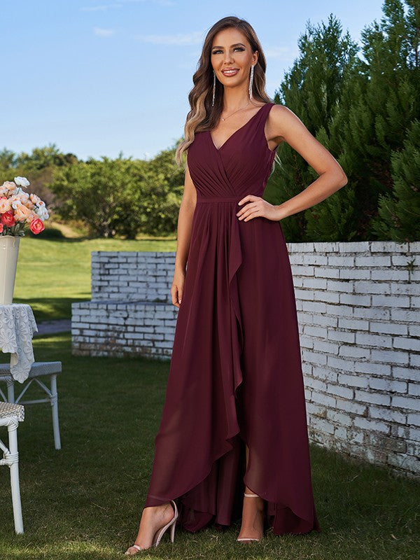 A-Line/Princess Chiffon Ruched V-Neck Sleeveless Floor-Length Bridesmaid Dresses