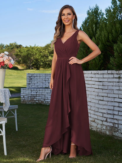 A-Line/Princess Chiffon Ruched V-Neck Sleeveless Floor-Length Bridesmaid Dresses