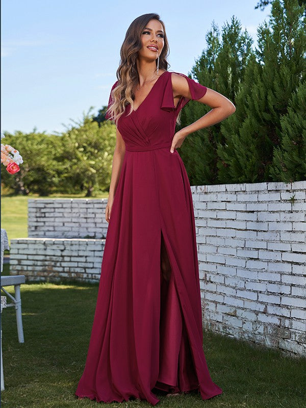 A-Line/Princess Chiffon Ruched V-Neck Short Sleeves Floor-Length Bridesmaid Dresses