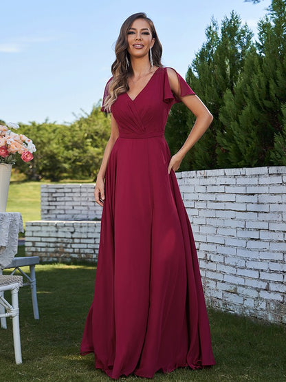 A-Line/Princess Chiffon Ruched V-Neck Short Sleeves Floor-Length Bridesmaid Dresses