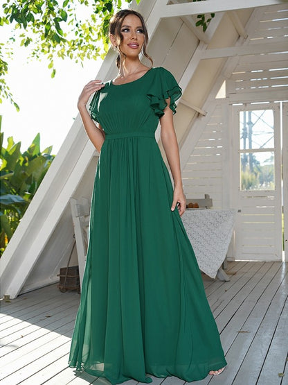 A-Line/Princess Chiffon Ruffles Scoop Short Sleeves Floor-Length Bridesmaid Dresses