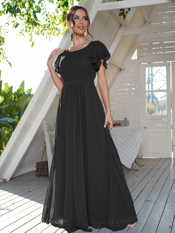 A-Line/Princess Chiffon Ruffles Scoop Short Sleeves Floor-Length Bridesmaid Dresses