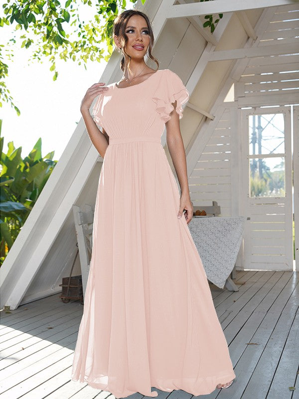 A-Line/Princess Chiffon Ruffles Scoop Short Sleeves Floor-Length Bridesmaid Dresses