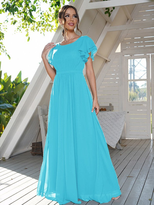 A-Line/Princess Chiffon Ruffles Scoop Short Sleeves Floor-Length Bridesmaid Dresses