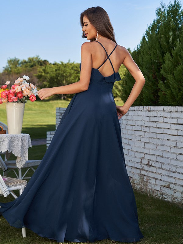 A-Line/Princess Chiffon Ruffles V-neck Sleeveless Floor-Length Bridesmaid Dresses