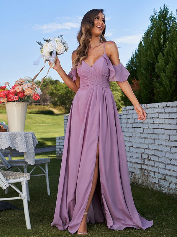 A-Line/Princess Chiffon Ruffles Off-the-Shoulder Sleeveless Floor-Length Bridesmaid Dresses