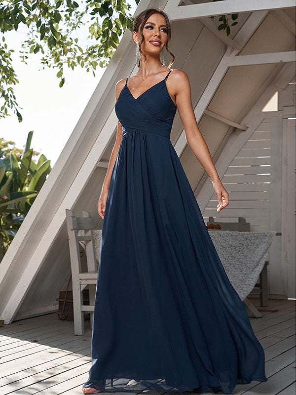 A-Line/Princess Chiffon Ruched V-neck Sleeveless Floor-Length Bridesmaid Dresses