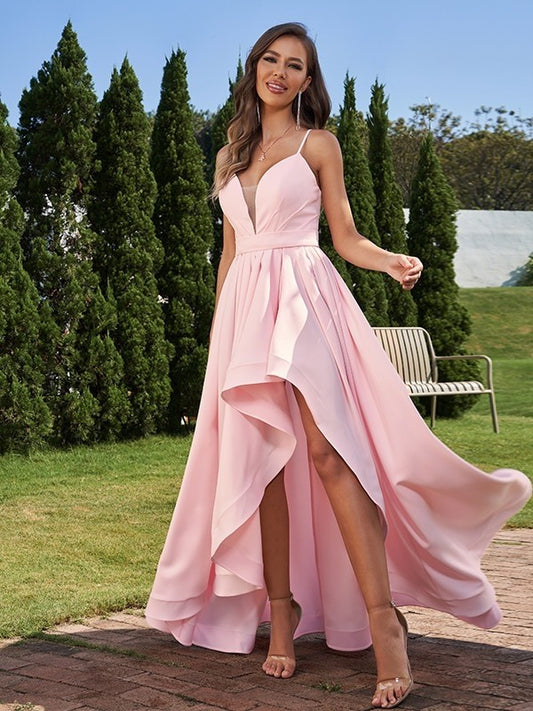 A-Line/Princess Stretch Crepe Ruched Spaghetti Straps Sleeveless Asymmetrical Bridesmaid Dresses